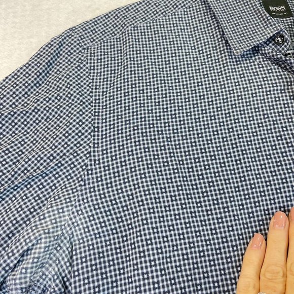 BOSS HUGO BOSS Mens L Blue Patterned Long Sleeve Button Down Shirt - Picture 6 of 14